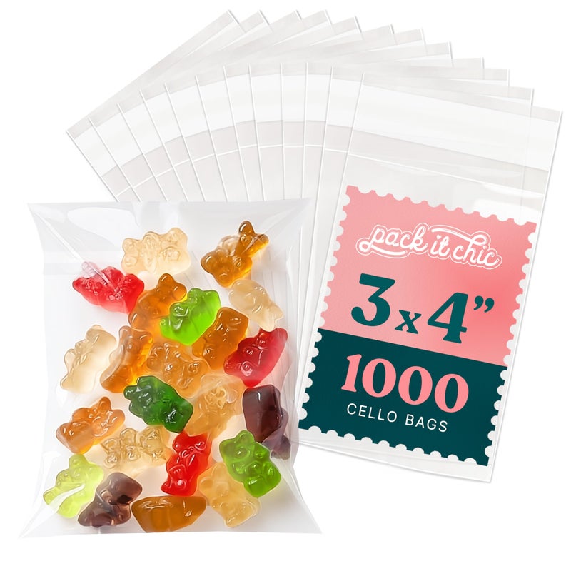 Pack It Chic - 3" X 4" Clear Self Sealing Cellophane Bags (1000 Pack) - Cookie Bags With Resealable Adhesive for Baked Goods Packaging, Candy, Small Treats, Bakery, Party Favors - Image 1